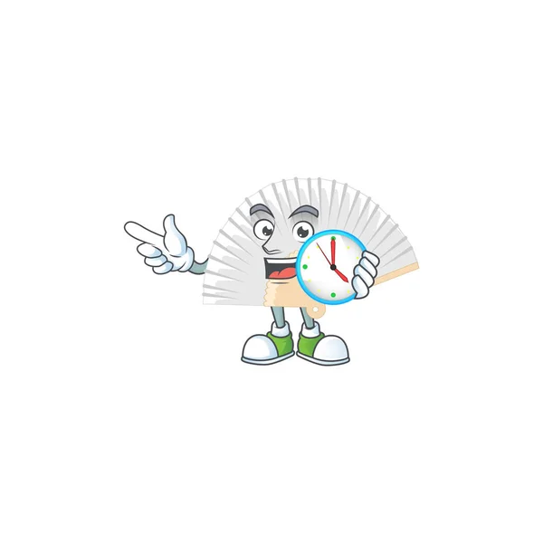 Cartoon karakter stijl wit chinees vouwen ventilator met klok — Stockvector