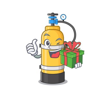 Hediye kutusu olan gülen oksijen silindiri karakteri