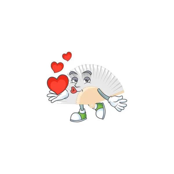 Cara divertida blanco chino plegable personaje de dibujos animados ventilador sosteniendo un corazón — Vector de stock
