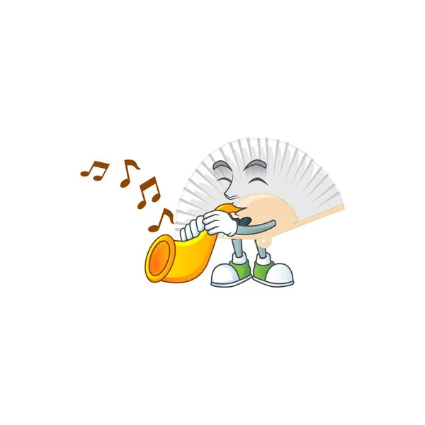 Cartoon character style of white chinese folding fan performance with trumpet — Stock Vector