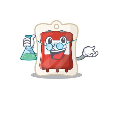 Smart Professor blood bag cartoon character with glass tube