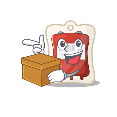 Cute blood bag cartoon character having a box