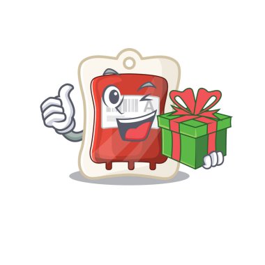 Smiley blood bag character with gift box