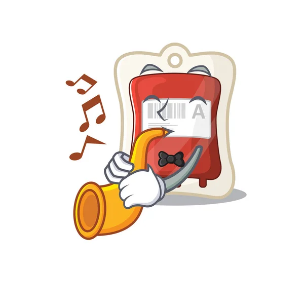 Cartoon character style of blood bag performance with trumpet — Stock Vector