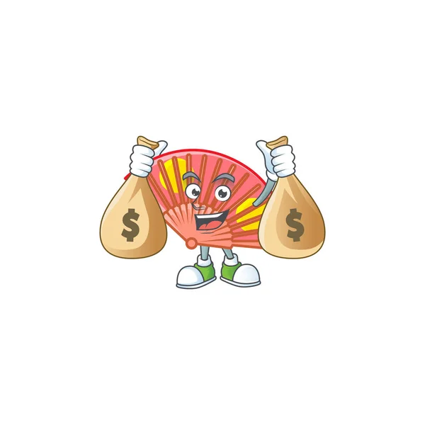 Obrázek bohaté červené čínské skládací fanoušek kreslený postava se dvěma taškami na peníze — Stockový vektor