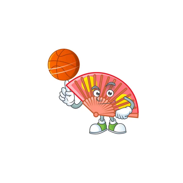 A Healthy red chinese folding fan cartoon character playing basketball — Stock Vector