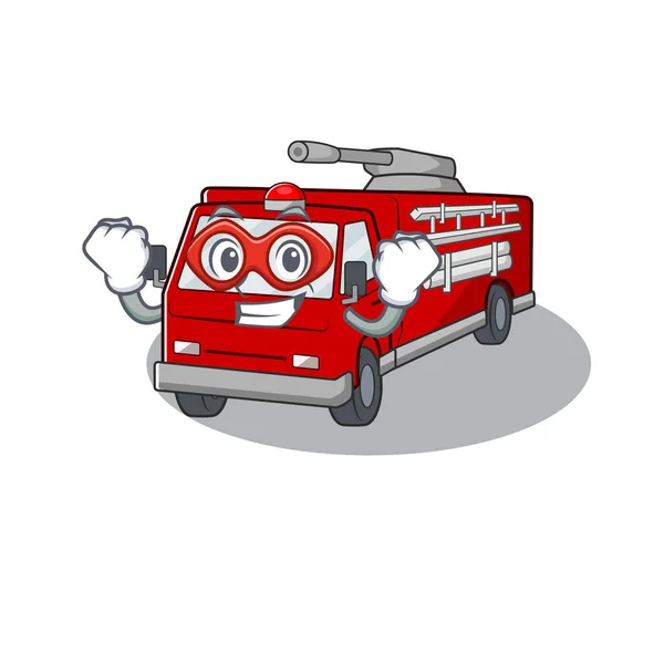 Улыбающийся талисман пожарной машины, одетый как супергерой — стоковый вектор
