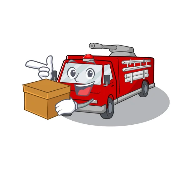 Cute fire truck cartoon character having a box — 스톡 벡터