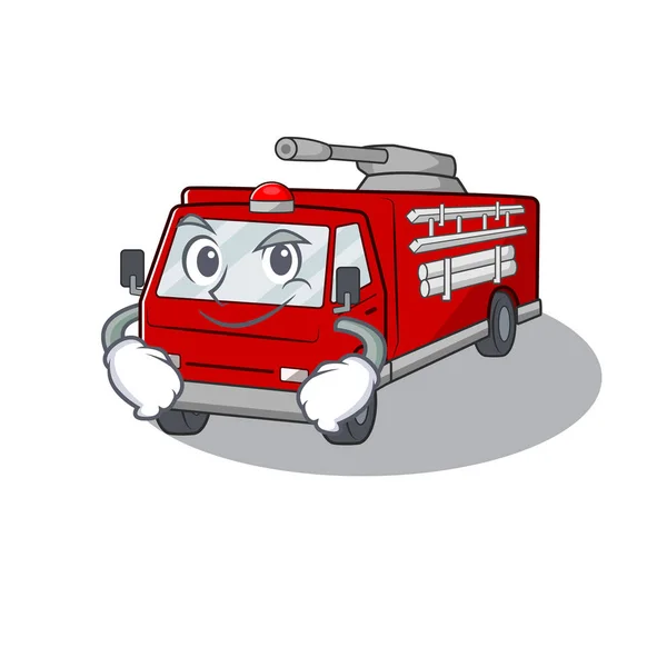 Caráter legal mascote caminhão de bombeiros com rosto Smirking —  Vetores de Stock