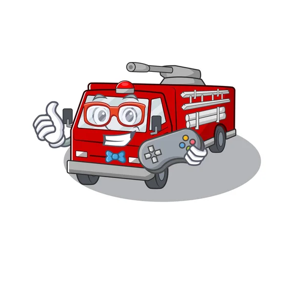 Smiley gamer fire truck cartoon mascot style — Stock Vector