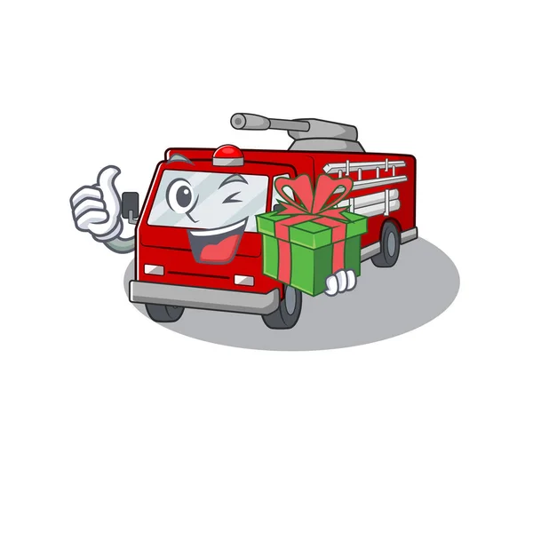 Smiley fire truck character with gift box — 스톡 벡터