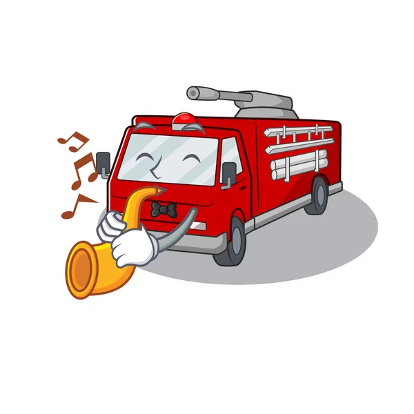 Personaje de dibujos animados estilo de rendimiento camión de bomberos con trompeta — Vector de stock