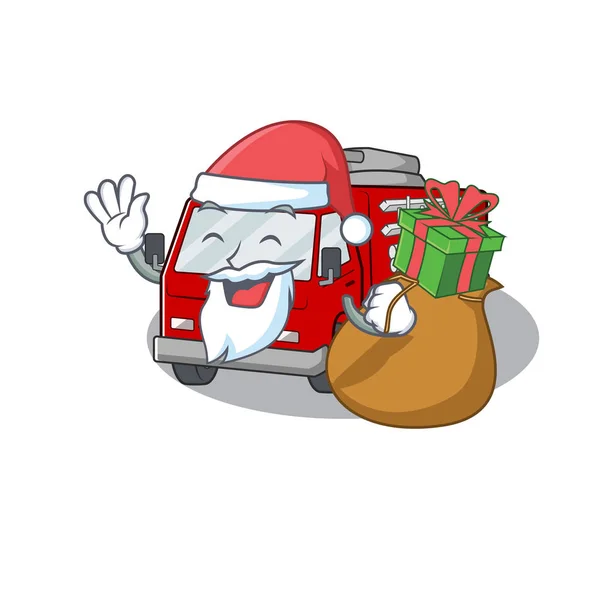 Santa fire truck Cartoon character design having box of gift — 스톡 벡터