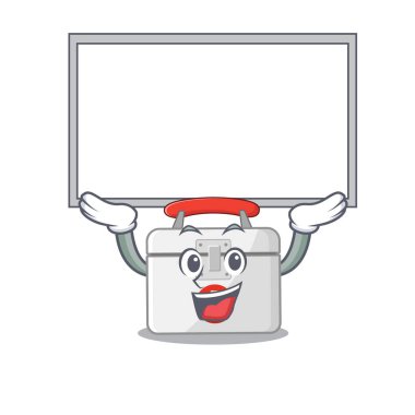 A mascot picture of first aid kit raised up board