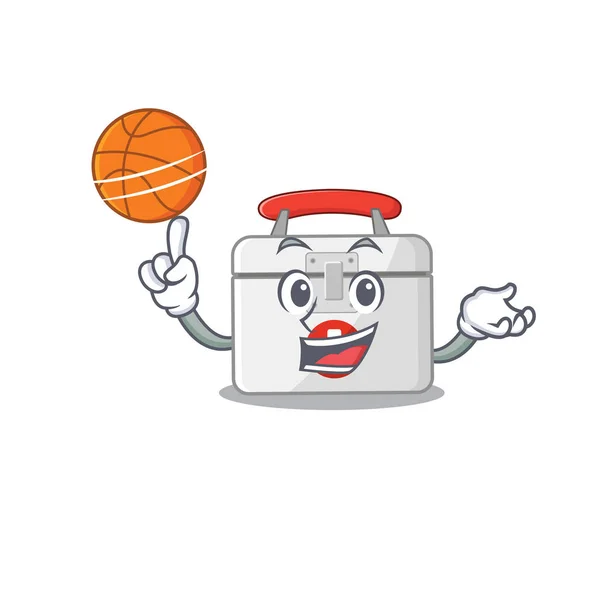 Μια φωτογραφία μασκότ του χαρακτήρα κινουμένων σχεδίων κουτί πρώτων βοηθειών παίζει μπάσκετ — Διανυσματικό Αρχείο