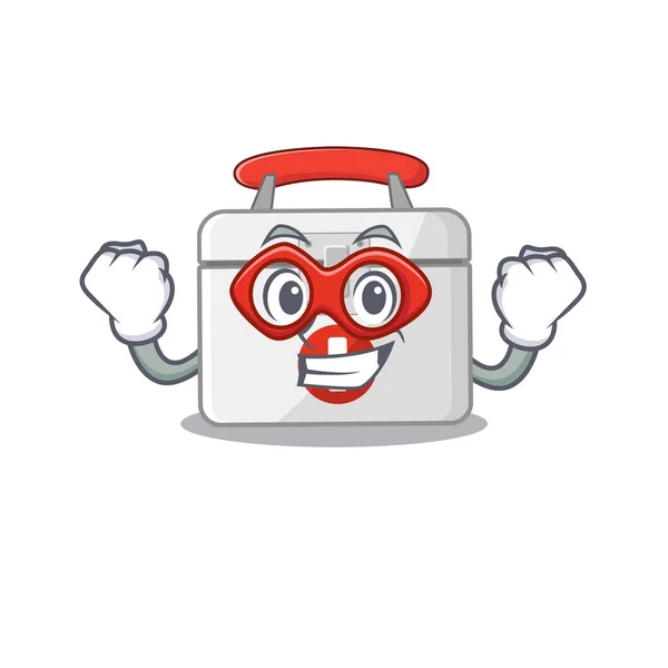 Smiley mascot of first aid kit dressed as a Super hero — Stock Vector