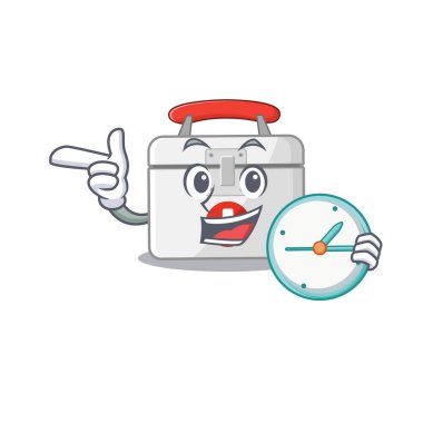 cartoon character style first aid kit having clock