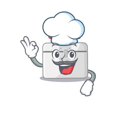 First aid kit cartoon character wearing costume of chef and white hat