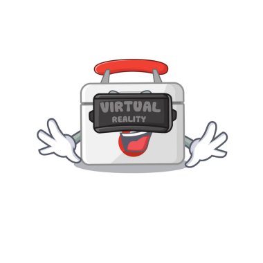 Trendy first aid kit character wearing Virtual reality headset