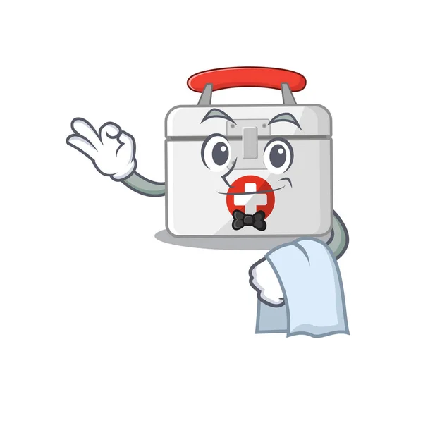 Friendly first aid kit Character stand as a Waiter character — Stok Vektör
