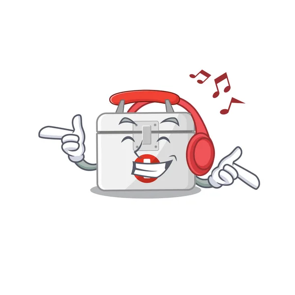 Ecouter de la musique trousse de premiers soins mascotte dessin animé personnage design — Image vectorielle