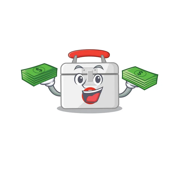 Happy rich first aid kit character with money on hands — ストックベクタ
