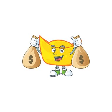 Zengin altın külçeli çizgi film karakterinin iki para çantalı bir resmi.