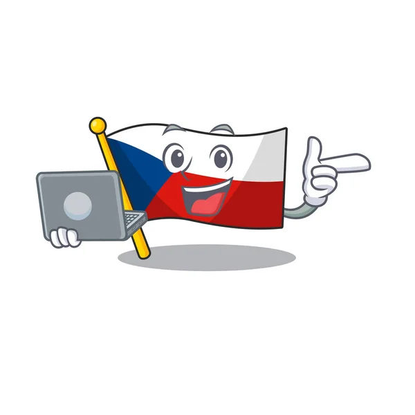 Okos karakter zászló czechia dolgozik laptop — Stock Vector