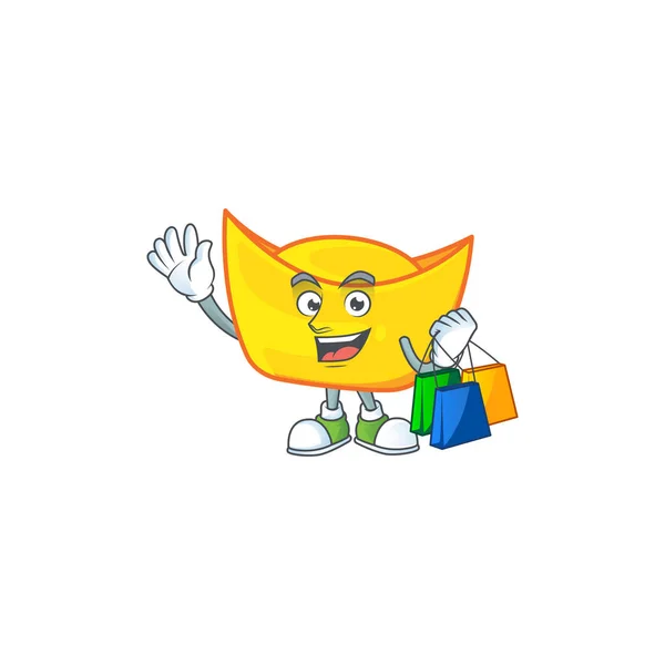 A happy rich chinese gold ingot waving and holding Shopping bag — 스톡 벡터