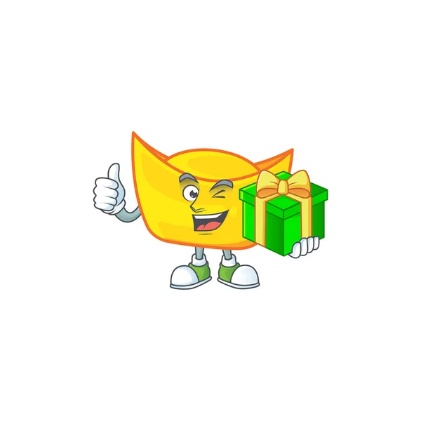 Smiley carácter de lingote de oro chino con caja de regalo — Vector de stock