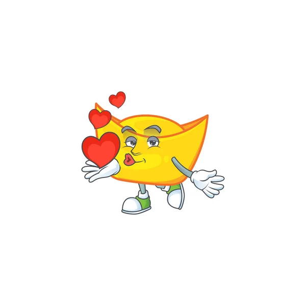 Cara engraçada chinês lingote de ouro personagem de desenho animado segurando um coração — Vetor de Stock