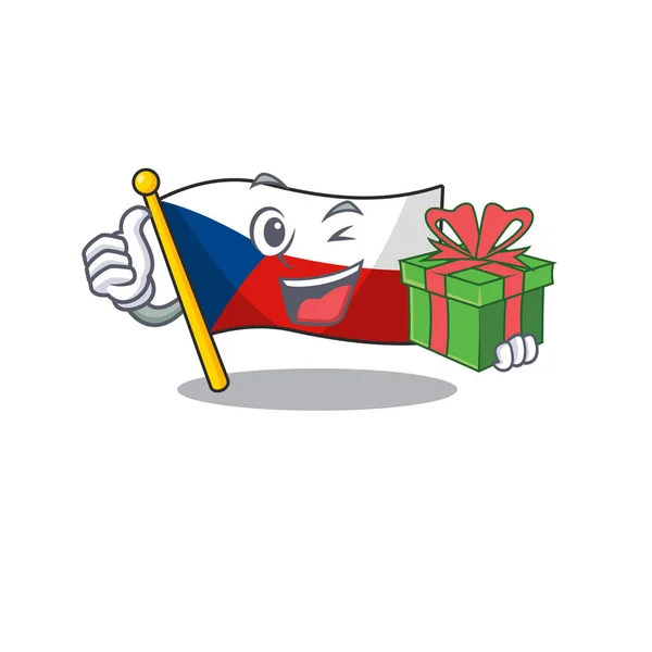 Smiley drapeau czechia caractère avec boîte cadeau — Image vectorielle