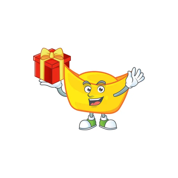 Happy face chinese gold ingot cartoon character having a box of gift — Stock Vector