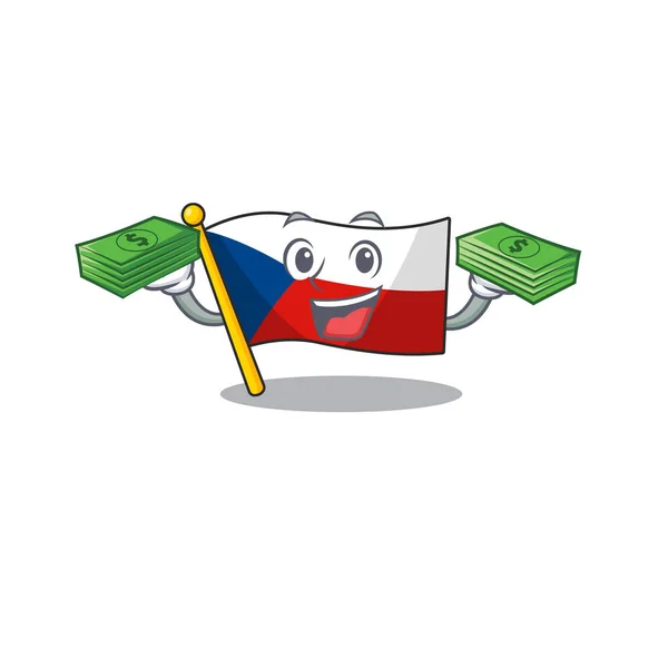 Feliz rica bandera czechia carácter con dinero en las manos — Vector de stock