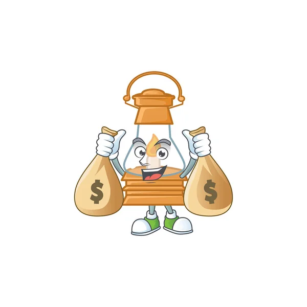 Une image de riche personnage de dessin animé lampe à huile avec deux sacs d'argent — Image vectorielle