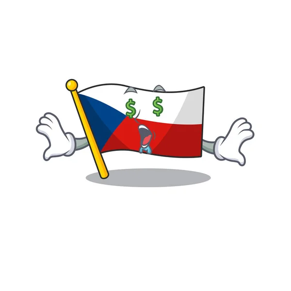 Feliz rica bandera de Chequia con el ojo del dinero de dibujos animados estilo de personaje — Archivo Imágenes Vectoriales