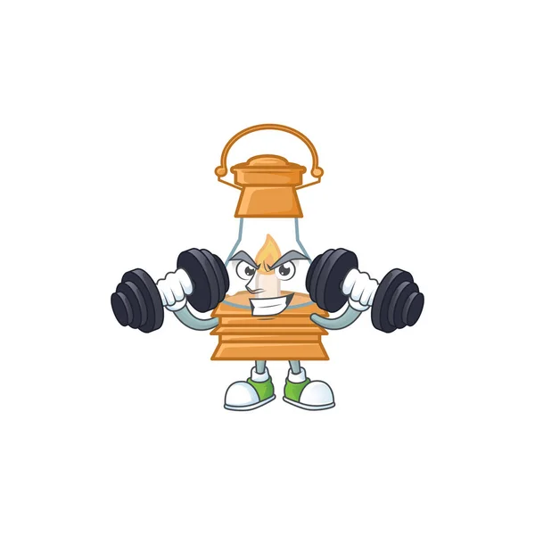 Fitness exercise oil lamp mascot icon with barbells — 스톡 벡터