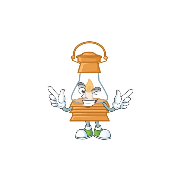 Cara divertida lámpara de aceite estilo personaje de dibujos animados con ojo guiño — Vector de stock