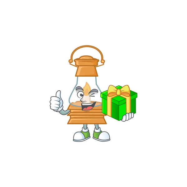 Carácter de lámpara de aceite sonriente con caja de regalo — Vector de stock