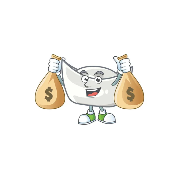 Obrázek bohaté čínské stříbrný ingot kreslený postava se dvěma taškami na peníze — Stockový vektor