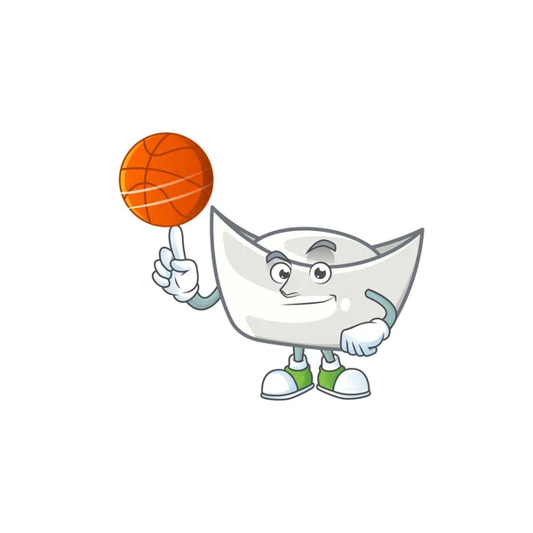 Zdravý čínský stříbrný ingot kreslený postava hraje basketbal — Stockový vektor