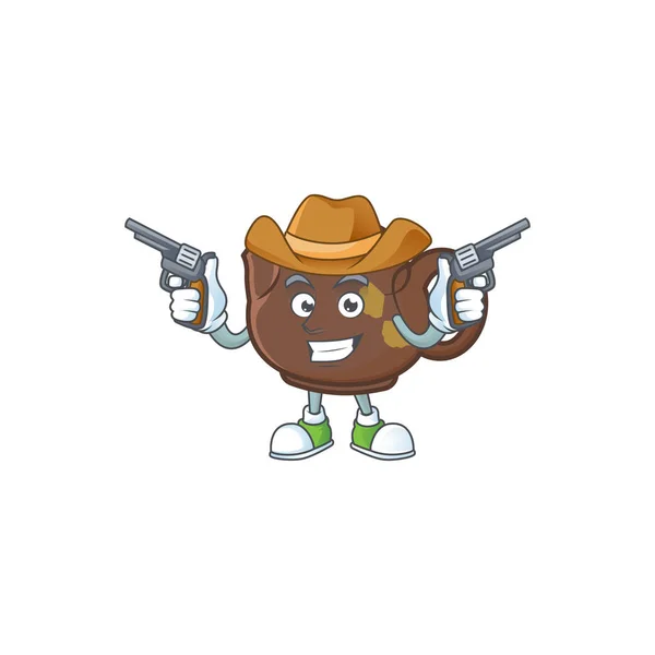Selbstbewusste Teekanne Cowboy-Cartoon-Figur mit Waffen — Stockvektor