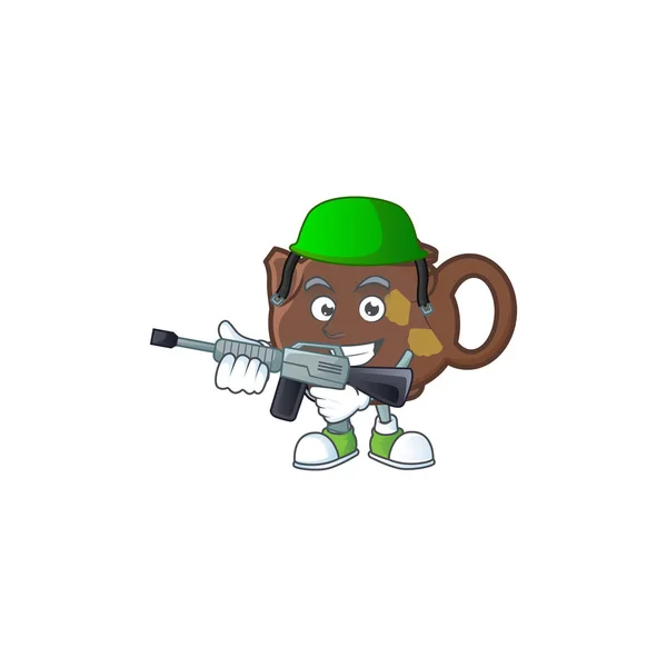 Teapot carton character in an Army uniform with machine gun — Stok Vektör