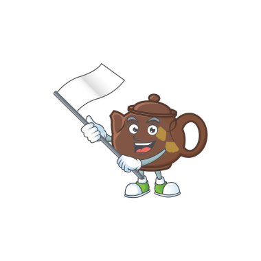 Ayakta duran bir bayrak taşıyan komik çaydanlık çizgi film karakteri tarzı