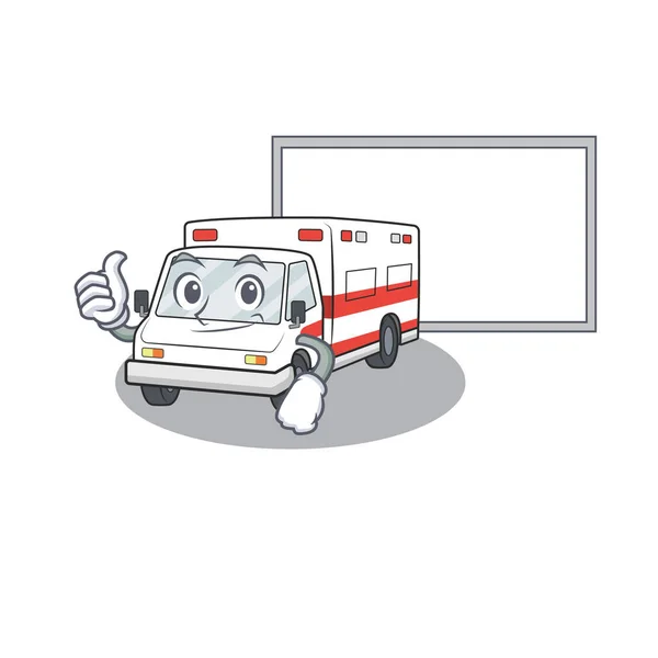 Polegares para cima de design de desenhos animados ambulância com placa —  Vetores de Stock