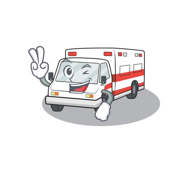 Smiley mascot of ambulance cartoon Character with two fingers — Stock Vector