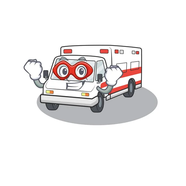 Smiley mascota de ambulancia vestida como un superhéroe — Vector de stock