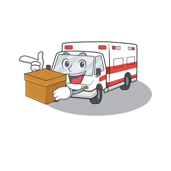 Personagem de desenho animado de ambulância bonito ter uma caixa —  Vetores de Stock