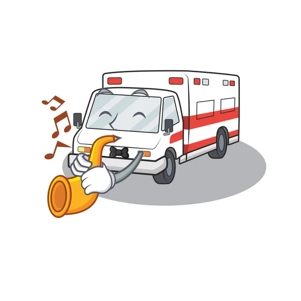 Estilo de personaje de dibujos animados de actuación de ambulancia con trompeta — Vector de stock