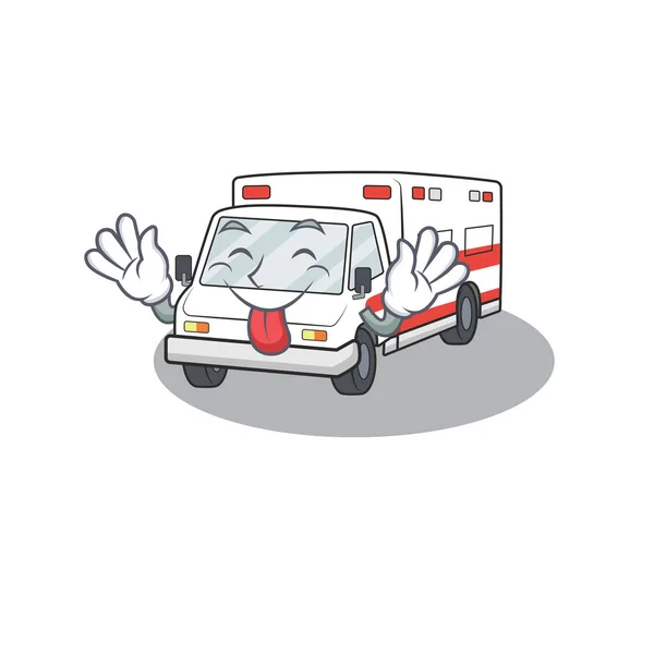 Tatlı ambulans çizgi film maskotu tarzı. Dili dışarıda. — Stok Vektör
